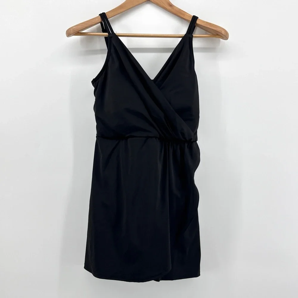 Lands' End Women's Black Surplice‎ Wrap Swim Dress Tummy Control Swimsuit 6-8 S
